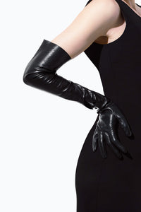 Model wearing Black Opera Long Leather Gloves by Ines