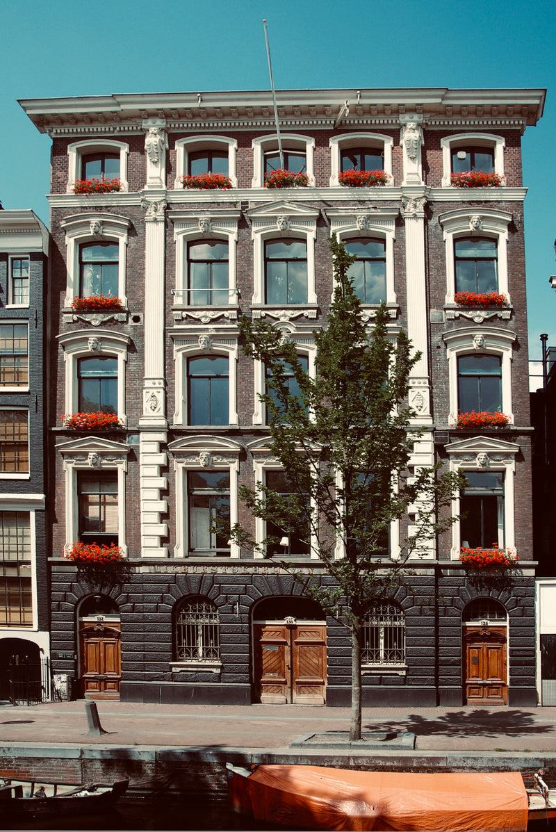 A historic European building stands prominently, featuring a brick facade with large white-framed windows. Each window is adorned with red flower boxes. The entrance has wooden double doors, and a tree is planted on the sidewalk in front of the building.